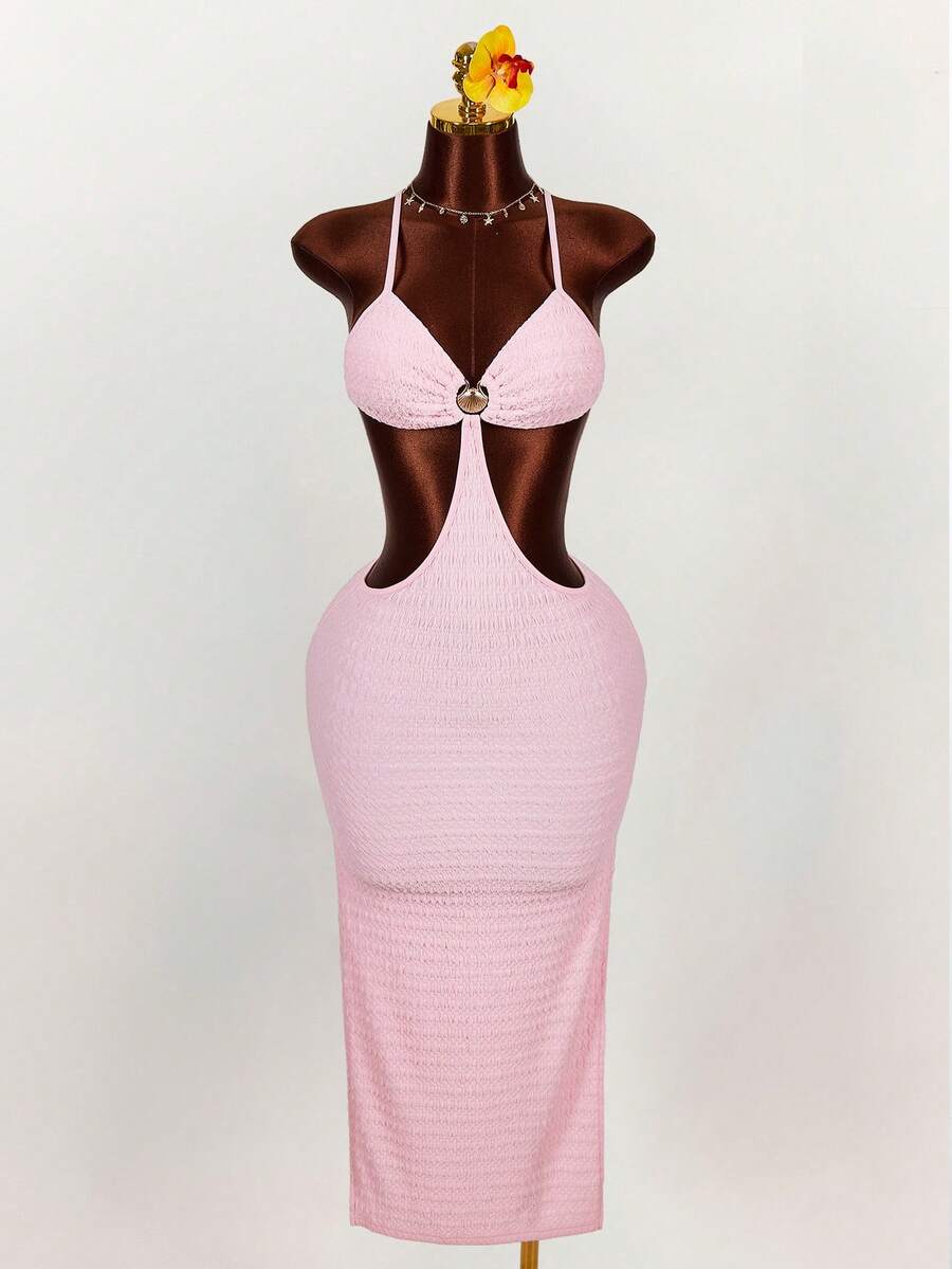 Amplova Shell Metal Decor High Slit Women Dress - Pink - View 1