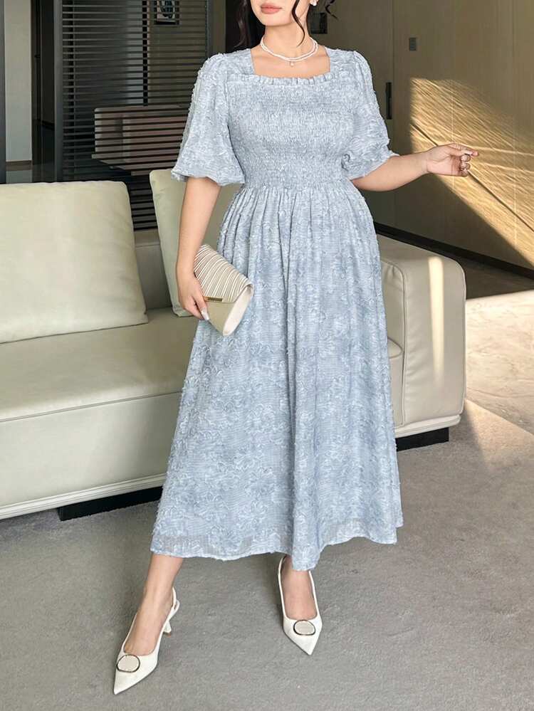 Dazy Plus Plus Size Floral Embroidered Puff Sleeve Square Neck Loose Vacation Style Dress, Blue Dress Sundress