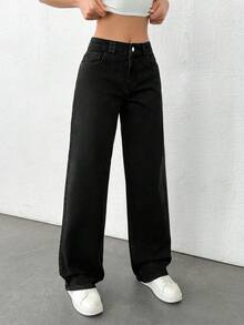 EURMUSE Quần jeans ống đứng cạp thấp 100% cotton - màu đen - Xem 4