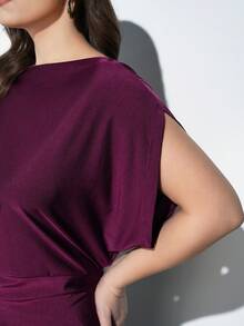 Maija 大码蝙蝠袖修身短袖上衣，优雅复古风，浪漫时尚，百搭；舒适、时尚、优雅、休闲，简约日常必备，纯色，适合假日休闲，得体，单身女士，优雅时尚商务休闲外套 - 酒紅色 - 查看 5