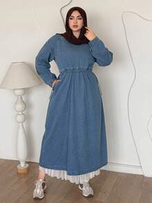 Dazy Plus 纯色复古休闲长款牛仔裙，收腰设计，休闲大码女式长袖连衣裙，春秋季 - 中等水洗藍 - 查看 4