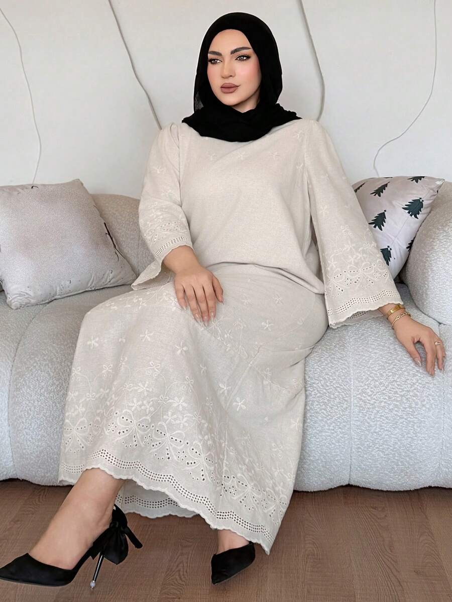 Dazy Plus 优雅长款休闲蕾丝连衣裙，圆领