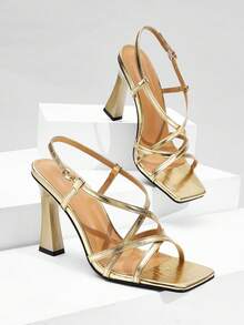 CUCCOO SZL Giày sandal cao gót mũi vuông quai chéo bằng kim loại vàng, kiểu dáng thanh lịch Pháp, thích hợp cho các bữa tiệc, đi làm hoặc dự tiệc. - Vàng - Xem 1