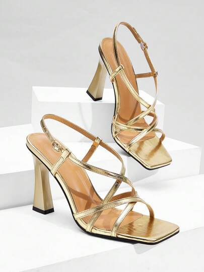 CUCCOO SZL Giày sandal cao gót mũi vuông quai chéo bằng kim loại vàng, kiểu dáng thanh lịch Pháp, thích hợp cho các bữa tiệc, đi làm hoặc dự tiệc.