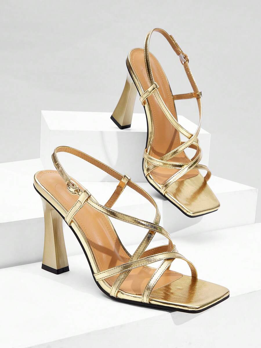 CUCCOO SZL Giày sandal cao gót mũi vuông quai chéo bằng kim loại vàng, kiểu dáng thanh lịch Pháp, thích hợp cho các bữa tiệc, đi làm hoặc dự tiệc. - Vàng - Xem 1