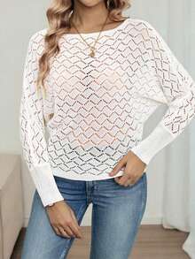 Louniche Women's Casual Vacation Fashionable Versatile Hollow Textured Batwing Sleeve Off-Shoulder Long Sleeve Pullover Sweater, Spring/Summer - Beige - View 6