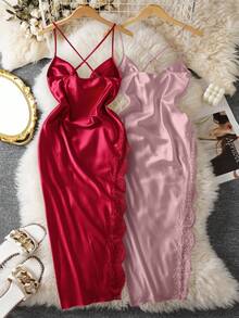 2pcs Women's Sexy Lace Patchwork Slit Maxi Dress Sleepwear Set - Multicolor - View 2