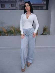 Vassilux 舒适休闲纯色针织低腰阔腿女式运动裤 - 灰色 - 查看 3