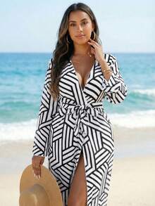 Swim Vcay Summer Beach Geo Print Belted Kimono - Black and White - View 1