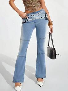 Jeanoix Women's Casual Washed Flare Jeans With Belt - Blue - View 6