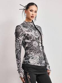 ROMWE Avant Spring/SummergraphicWomen's New Chinese Style Mesh Koi Fish Textured Semi-Sheer Long Sleeve Top - Multicolor - View 8