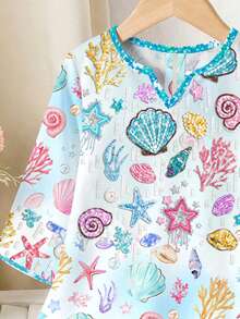 水彩浅蓝色，美人鱼公主贝壳、海星、珍珠海洋图案印花，儿童阿拉伯长袍，女童休闲宽松V领长袖传统阿拉伯长裙，适合春夏日常、度假、节日穿着，甜美时尚长袖连衣裙，儿童祈祷长袍，舒适休闲，端庄卡夫坦长袍，儿童阿拉伯长袍，新款