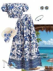 Ellevyn 女士优雅露肩印花上衣和女士蓝白印花半裙，两件套度假套装，夏季女装，节日女装，沙滩女装，乡村女装，夏季套装，印花两件套，长裙露脐上衣套装，露肩上衣和半裙套装，露脐上衣和半裙两件套，夏季套装，女士度假套装，女士休闲连衣裙，母亲节礼物，送给妈妈的礼物，A字裙，节日女装，海滩约会之夜，夏季连衣裙，度假套装，女士度假装，圣托里尼女装，波西米亚风女装，地中海度假套装 - 藍白色 - 查看 2