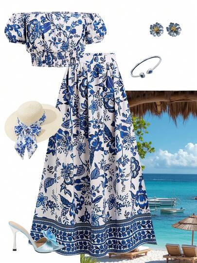 Ellevyn 女士优雅露肩印花上衣和女士蓝白印花半裙，两件套度假套装