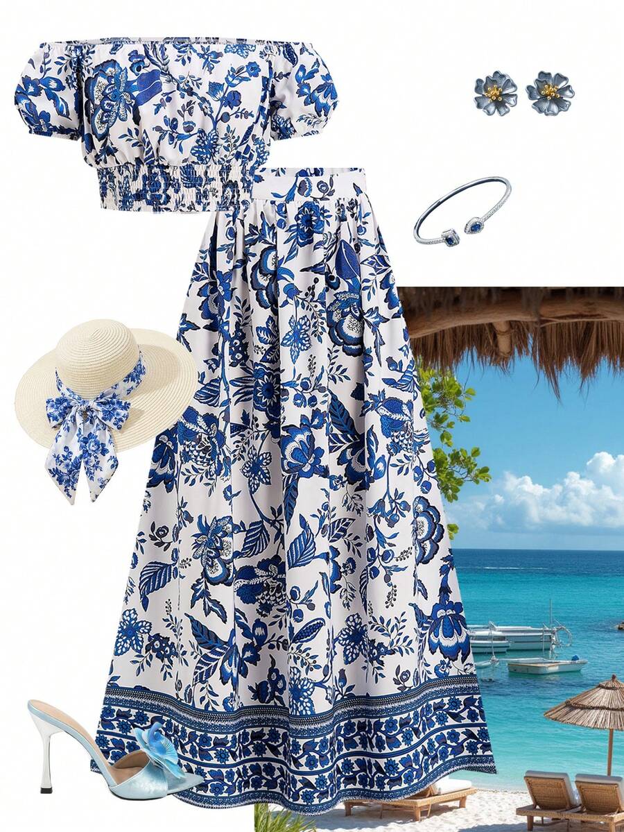 Ellevyn 女士优雅露肩印花上衣和女士蓝白印花半裙，两件套度假套装，夏季女装，节日女装，沙滩女装，乡村女装，夏季套装，印花两件套，长裙露脐上衣套装，露肩上衣和半裙套装，露脐上衣和半裙两件套，夏季套装，女士度假套装，女士休闲连衣裙，母亲节礼物，送给妈妈的礼物，A字裙，节日女装，海滩约会之夜，夏季连衣裙，度假套装，女士度假装，圣托里尼女装，波西米亚风女装，地中海度假套装