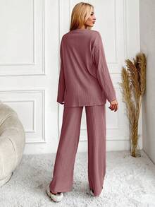 EURMUSE 女士字母图案圆领长袖上衣和阔腿裤休闲家居服套装 - 乾枯玫瑰色 - 查看 2