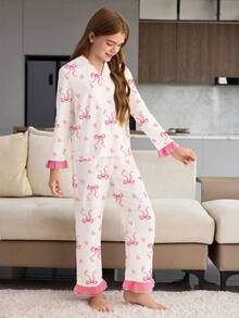 SHEIN 女童紫色郁金香印花长袖上衣和裤子两件套睡衣 - 粉色 - 查看 6
