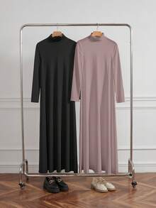 Al Najma 女士保守黑白高领针织长袖打底衫及阿巴雅长袍套装，端庄休闲T恤阿拉伯连衣裙，阿巴雅内衬连衣裙，必备基础款长裙 - 卡其色 - 查看 10