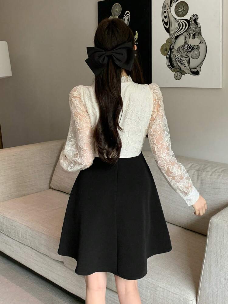 Women's Elegant Colorblock Collared Puff Sleeve Bow Tie Short Dress, Spring/Summer Wedding Guest Dress Sundress