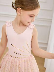 Young Girls Ballet Dress, Sleeveless Pink Bowknot Tulle Puff Skirt Children Dance Leotard Activewear - Pink - View 2