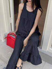 DAZY 女士休闲荷叶边无袖上衣和裤子两件套 - 藏蓝色 - 查看 5