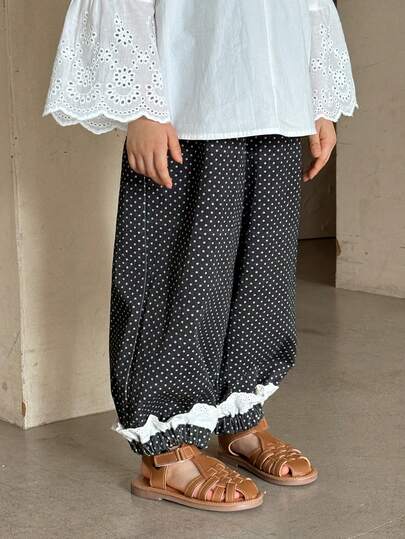 DAZY Young Girls Casual Polka Dot Korean Style Loose Lace Patchwork Wide Leg Pants