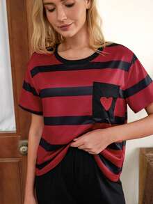 Doze Lane Striped Pocket & Heart Embroidery Women Short Sleeve Pajama Set - Multicolor - View 5