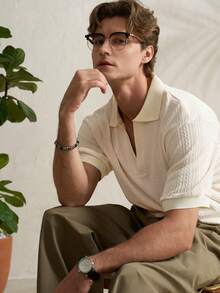 Airaco Men's Solid Color Textured Collar Short Sleeve Casual Versatile T-Shirt - Beige - View 4