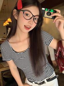 DAZY 女士圆领条纹韩版休闲长袖T恤，春秋季 - 黑色 - 查看 8