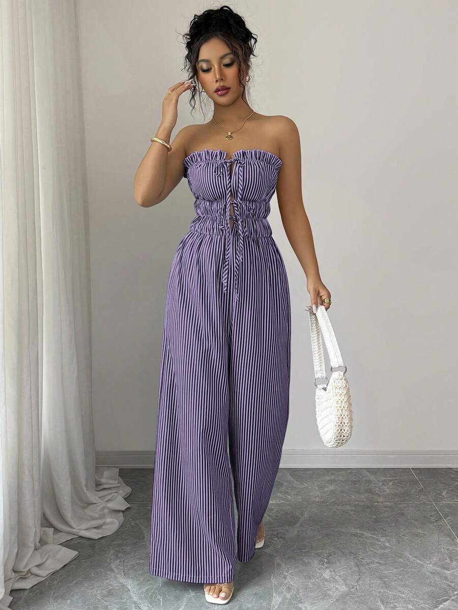 Elenzga 女士夏季休闲条纹抹胸连体裤 - 随机花卉图案 - 彩色 - 查看 1