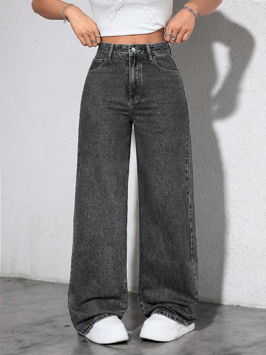 SHEIN ICON 大码女式松紧腰复古浅蓝色直筒牛仔裤 - 深灰色 - 查看 1