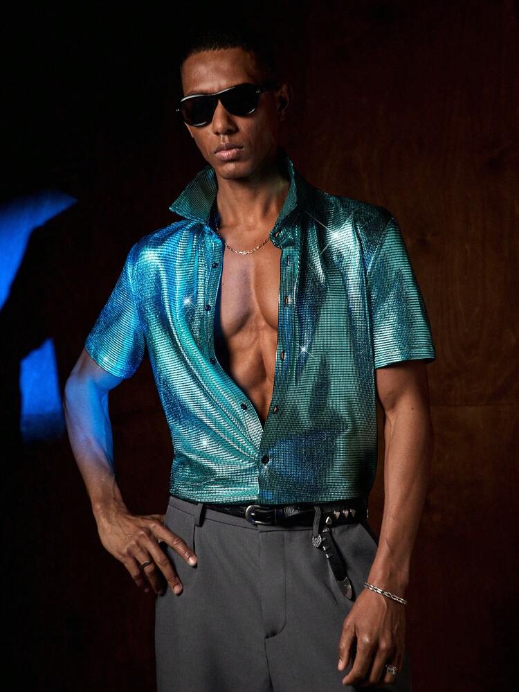 Solid Color Front Button Fashionable Elegant Short Sleeve Woven Shirt Men Silk Summer Outfits Men's Resort Wear Men's Sparkly Shirt Men's Sequin Shirt Disco Shirt Men Sexy Shirts For Men Satin Men Shirt