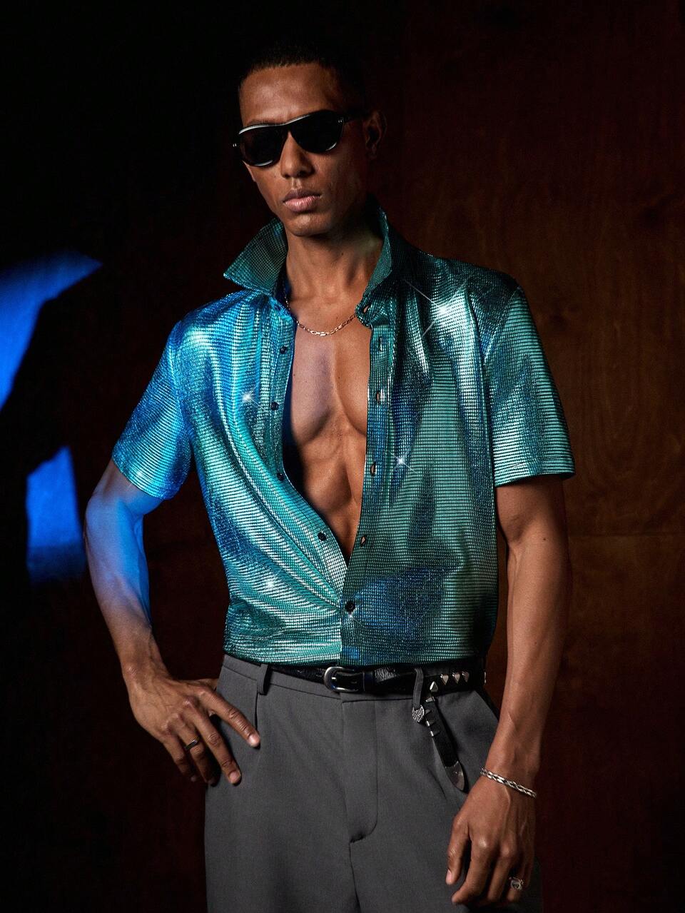 Teal Blue Men's Sparkly Shirt,Summer Night Rave Short Sleeve Woven Button Front Disco Satin Shirt Fashionable Elegant Resort Wear Vacation Gifts
