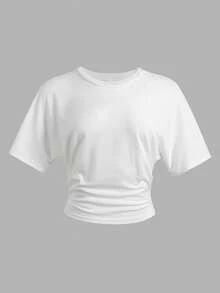 SHEIN 少女束腰褶皱圆领短袖露脐休闲T恤 - 白色 - 查看 2