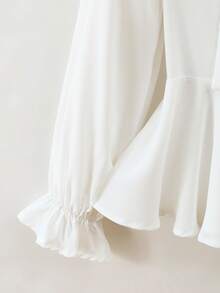 SHEIN Franclia Elegant White Autumn Blouse For Women,Sheer Fabric,Elastic Ruffle Cuffs,Ruched Hem,Oversized Bow,Korean Style Formal Top,Vacation Holiday Apparel - Apricot - View 6