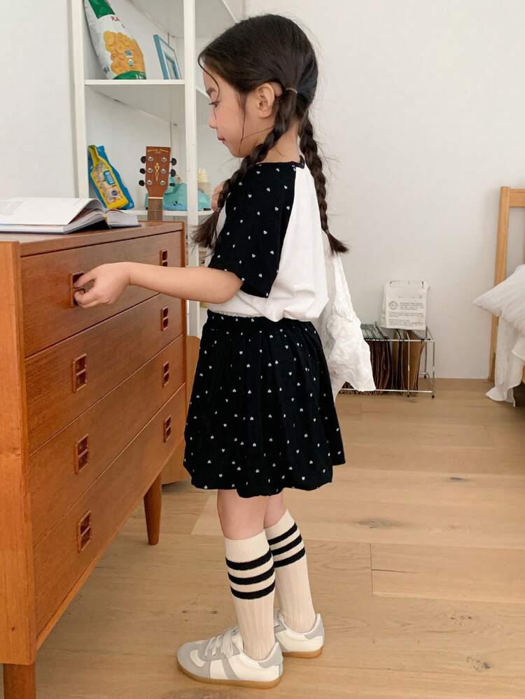 2pcs/Set Young Girls Contrast Color Cartoon Print Long Sleeve T-Shirt And Shorts Set