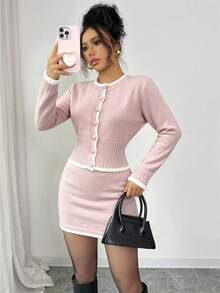 Elenzga 2pcs/Set Women Elegant Round Neck Long Sleeve Cropped Knit Sweater + Bodycon Skirt, Spring/Autumn - Pink - View 3