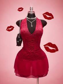 SHEIN ICON 大码女式蕾丝撞色网纱双层优雅派对半身裙，适合约会、情人节等场合 - 酒紅色 - 查看 4