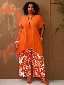 EMERY ROSE Plus Size Women Vacation Solid High-Low Hem Shirt And Tropical Plant Print Wide Leg Pants Set - Multicolor - View 4