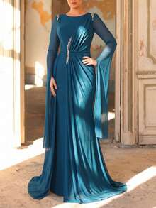 Aureia 大码优雅浪漫朦胧蓝圆领雪纺泡泡袖针织水钻装饰鱼尾拖尾连衣裙，适合婚礼、派对、庆典、正式晚礼服（精致设计） - 霧霾藍 - 查看 1