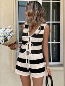 Easowa 两件套休闲复古优雅通勤百搭保暖卡其色和黑色条纹印花图案女式上衣和短裤套装，适合春夏穿着，舒适百搭 - 彩色 - 查看 4