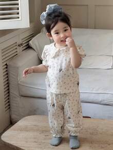 DAZY 2pcs Baby Girls' Peter Pan Collar Cartoon Print Long Sleeve T-Shirt & Ruffle Trim Pants Comfortable Homewear Set, Korean Style Toddler Girls Clothes - Beige - View 4