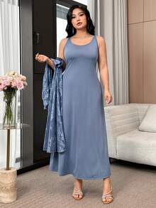 Modelyn Plus Size Women Floral Mesh Robe And Camisole Dress Elegant 2 Pieces Set Modest Dress - Blue - View 6