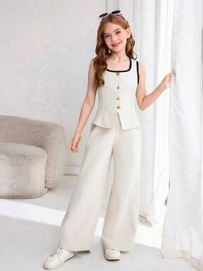 SHEIN Tween Girl Framed Collar Single-Breasted Vest And Wide-Leg Pants Casual Suit