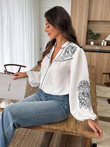 Louniche White & Blue Embroidered Long-Sleeve Shirt,Elegant Women's Blouses,Boho,Vacation,Holiday,White And Black,Autumn,Button Up Bohemian Style Casual Tops - White - View 4