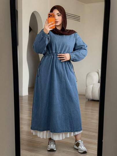 Dazy Plus Enfärgad retro casual lång denimkjol, midja åtsittande, casual plus size damklänning med lång ärm, vår och höst