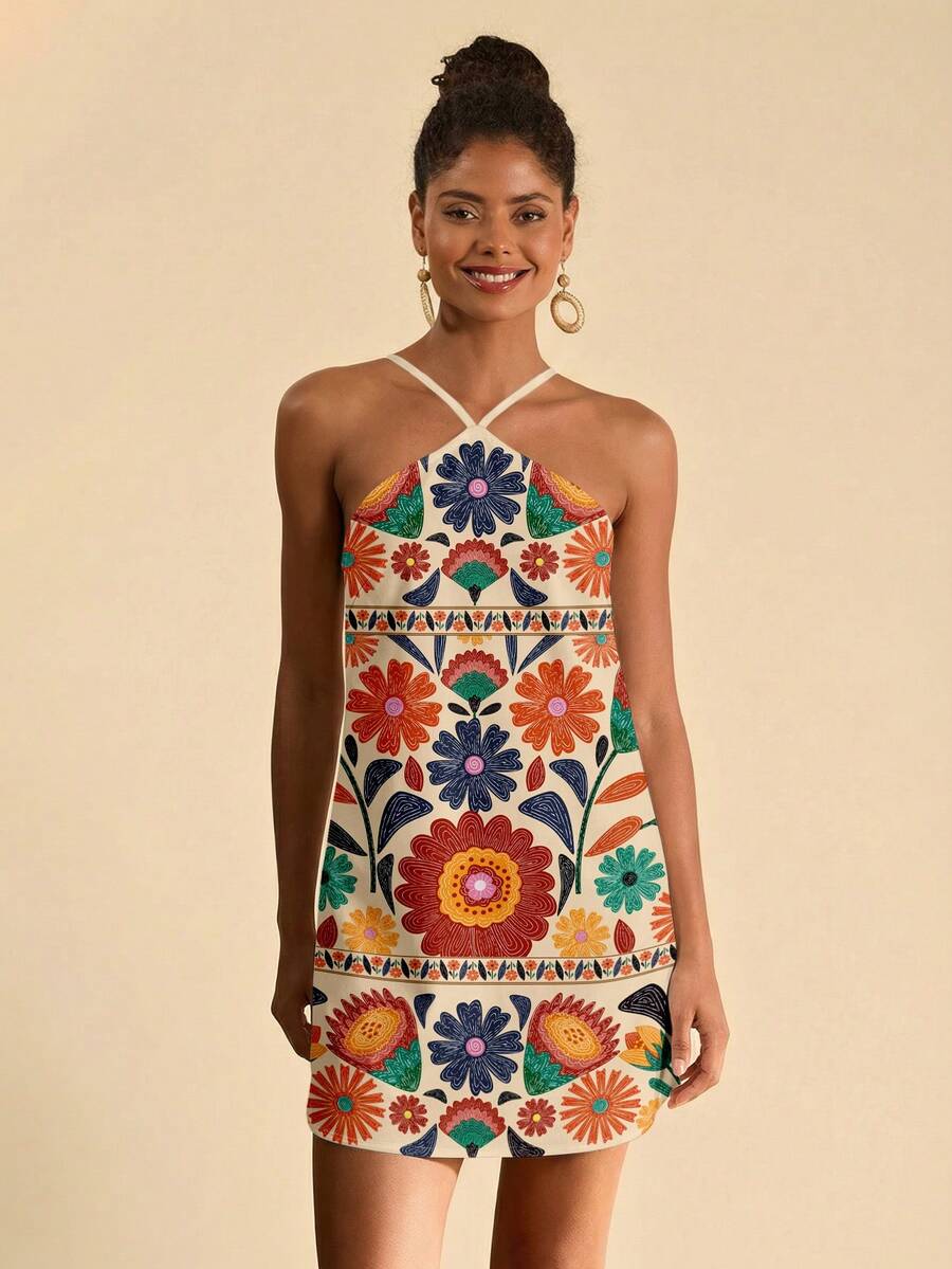 Travachic 休闲简约度假风彩色几何图案印花露背迷你连衣裙，适合春夏度假 - 白色 - 查看 1