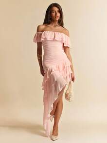 SHEIN BAE Đầm ôm sát màu hồng trễ vai, xếp ly, vạt bất đối xứng, thích hợp cho tiệc cocktail, hẹn hò lãng mạn, họp mặt, sự kiện trang trọng, đầm phù dâu, trang phục dạ hội, ngày Valentine, đầm mùa hè, bữa ăn sáng muộn, kỳ nghỉ biển. - Hồng - Xem 4