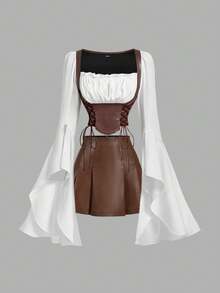 SHEIN MOD 女士棕白撞色PU皮喇叭袖衬衫，带收腰设计——西部风格，完美适用于度假、浪漫场合、海滩、约会、野餐、派对、舞会、节日和生日；浪漫复古宫廷风 - 彩色 - 查看 6