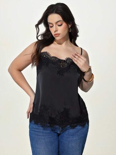 Maija Plus Size Black Lace Trim Camisole Top, Suitable For Commuting, Office, Business Casual, Party, Date, Vintage, Romantic, Versatile, Comfortable, Fashionable, Elegant, Casual, Essential Item, Solid Color, Holiday Leisure, Appropriate For Single Ladies, Elegant Business Casual Top With Curve Design